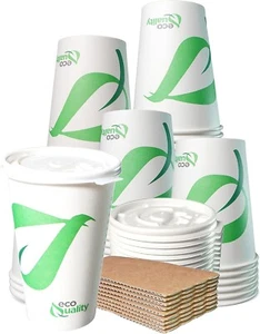20oz Compostable Paper Cups with White Flat Lids and Sleeves 150pcs - Picture 1 of 7