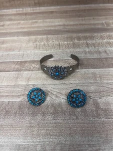 Vintage Sancrest Earrings + Cuff Bracelet Native American Imitation Zuni Style - Picture 1 of 6