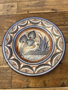 Vtg Tonala Clay Mexican Folk Art Pottery Quail 9.5" Plate Wall Hanging Blue - Picture 1 of 6