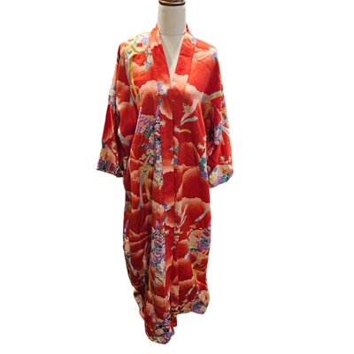 Vintage Kimono Red Polyester Unbranded Japan Pagoda Blossoms Duster Boho One Sz — 第 1/4 张图片