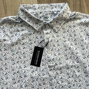 Mizzen + Main Versa Golf Polo Herren großer Rand weiß Zwei-Putt Golfwagen Druck - Bild 1 von 6