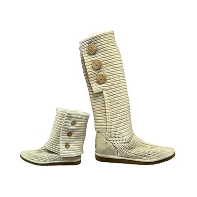 UGG Australia Cardy III 奶油针织纽扣折叠高筒靴 5 波西米亚冬季 — 第 1/4 张图片