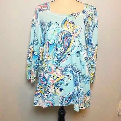 Suéter tejido estampado floral cachemir azul claro de CHICO'S talla 2 o talla L de EE. UU. Foto 1 de 4