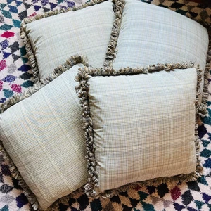 Vintage Y2K Blue Tan Plaid Throw Pillows Looped Fringe 15” Farmhouse Shabby Chic - Picture 1 of 6