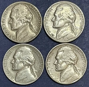 Jefferson Nickels. Lot Of 4. 1955 P,D. 1956 P,D. Average Circulated. - Picture 1 of 2