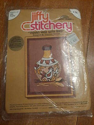 VTG Jiffy Stitchery Crewel Kit #290 Indian Vase with Bird 5"x 7" new - Image 1 of 4