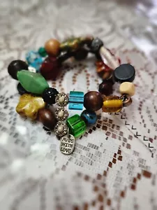 Vintage Stretch Colorful Stone Bead Bracelet Wiith Charm "MADE WITH LOVE" Nice! - Picture 1 of 2