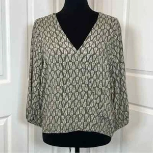 Eddie Bauer grün Blätterdruck V-Ausschnitt Bischofsärmel elastischer Saum & Bündchen Top Gr. M - Bild 1 von 8