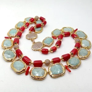 2 Strands Red Coral Green Amazonite Necklace Cubic Zirconia Pave Clasp 21" - Picture 1 of 8