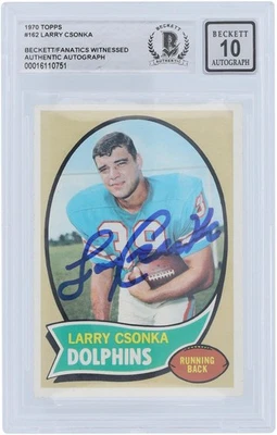 Larry Csonka 迈阿密海豚队签名 1970 年 Topps #162 贝克特狂热分子 10 张卡 — 第 1/2 张图片