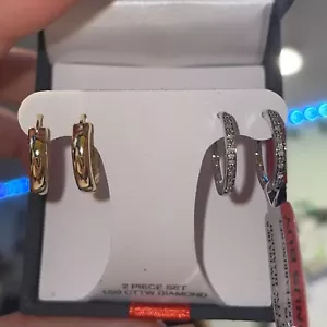 Mined White Diamond 14K Gold Over Silver Sterling 2 Pair Earring Set - Picture 1 of 5