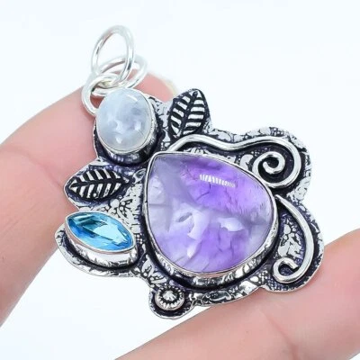 Brasiliano Ametista, Luna, Topazio Blu Argento Ciondolo Gioielli 1.9 " PRJ17311 - Immagine 1 di 3
