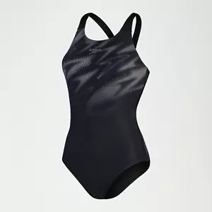 Speedo Women's UK6 Hyperboom Placement Muscle Back Swimsuit Black/Grey- New - Picture 1 of 24
