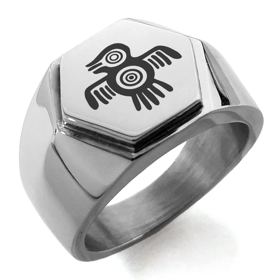 Stainless Steel Aztec Truth & Wisdom Eagle Rune Mens Hexagon Crest Signet Ring - Image 1 of 1