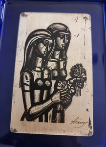 A. TASSOS GIRLS WITH FLOWERS PRINT ON A SILVER PLAQUE SIGNED. 1977. - Picture 1 of 5
