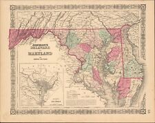 1865 Maryland Delaware & DC by Johnson Ward - beautiful antique map 18" x 14.2"