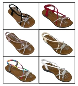 LADIES WOMENS FLORAL DIAMANTE SANDALS ANKLE STRAPPY FLAT SUMMER BEACH SHOES SIZE - Picture 1 of 7