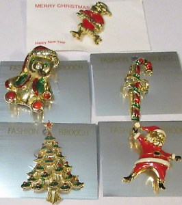 Lot 5 SANTA CLAUS CHRISTMAS TREE BEAR CANDY CANE Brooch Pin Gold tone Red green