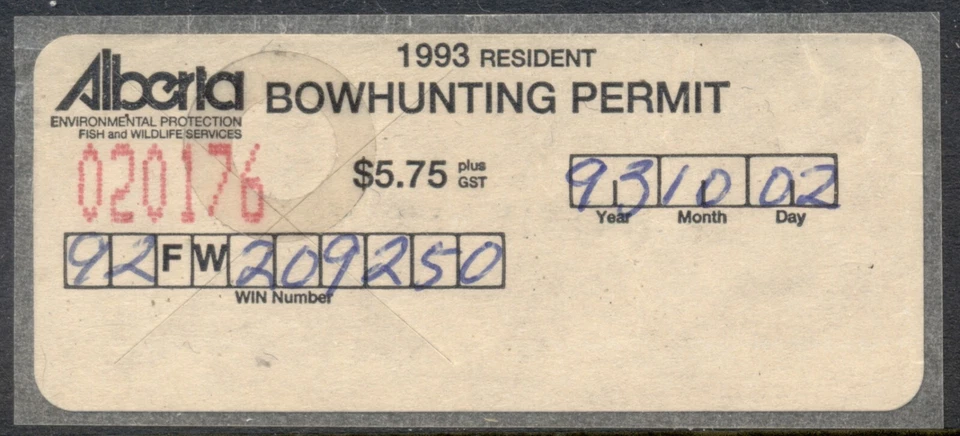 Alberta Wildlife Certificate stamp 1993 Bowhunting Permit $5.75 Van Dam #AW1022 - Image 1 of 1