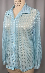 Camicetta vintage TAGLIA GRANDE nylon trasparente FASCIA! discoteca classica blu anni 70 80 - Foto 1 di 10