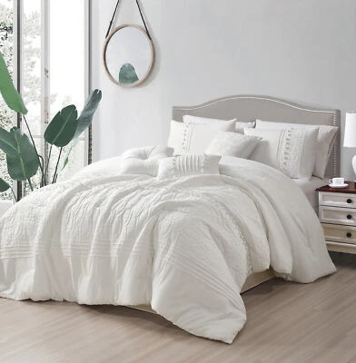 7-Piece White Shabby Chic Floral Geometric Embroidered Pom Pom Comforter Set - Image 1 of 4