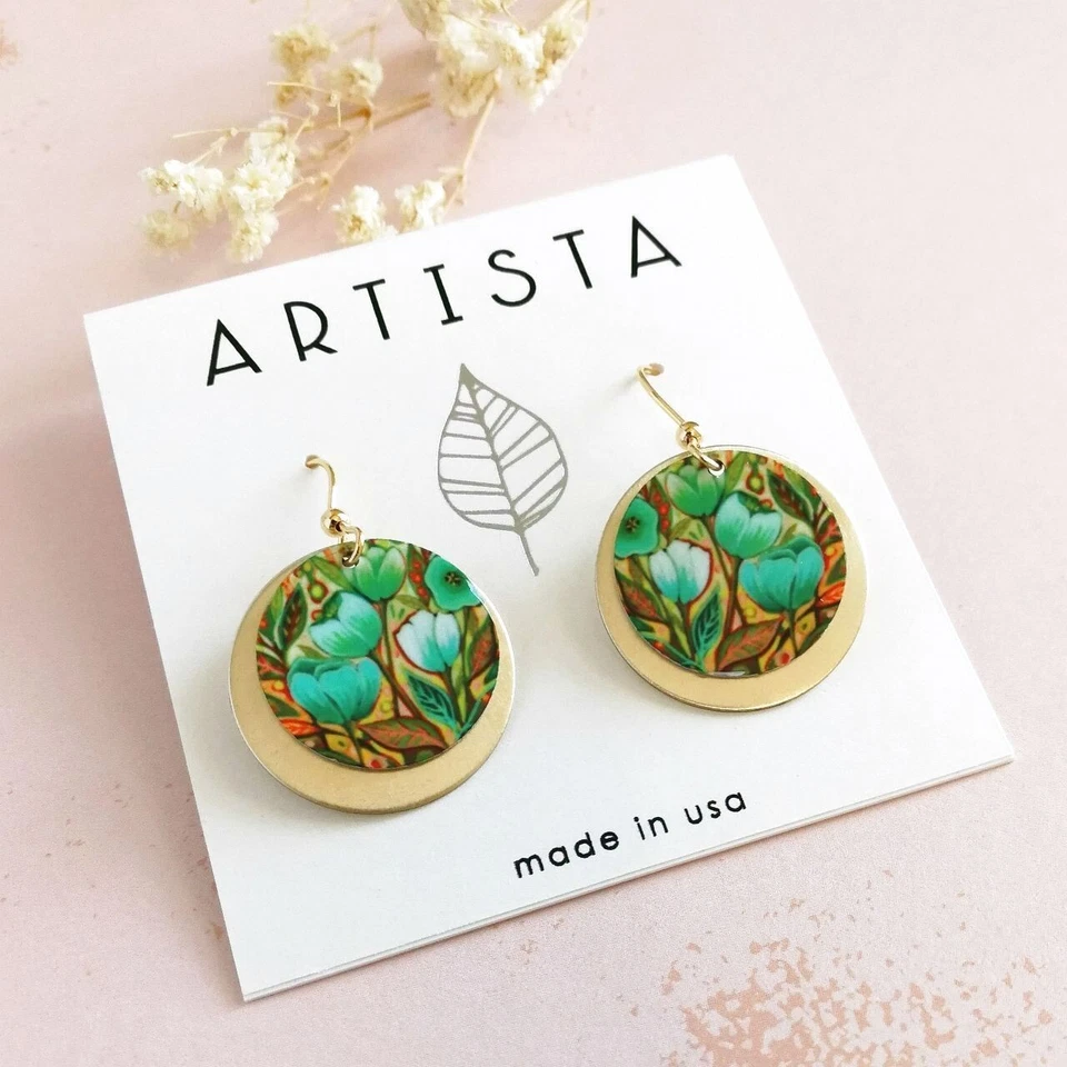 Hermosos Pendientes Artista Verde Tulipán Capas Disco de Latón Ligeros Únicos Foto 1 de 4