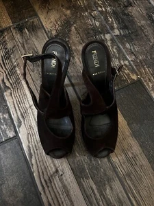 FENDI vero cuoio Women Pumps Designer Italian Strappy Shoes Brown Suede Heels - Picture 1 of 6