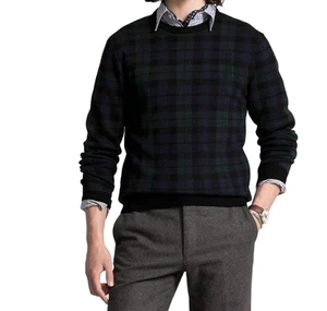 Polo Ralph Lauren Reloj Negro Tartán Cuadros Búfalo Cuello Redondo Azul Marino Lana Suéter Hombres - Imagen 1 de 6