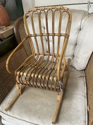 Vintage Mid Century Small Bamboo Rattan Wicker Rocking Chair Child Size - Image 1 of 4