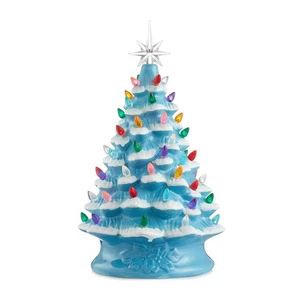 15" Pre-Lit Blau Schnee Keramik Weihnachtsbaum Handbemalt Tischplatte mit Lichtern - Bild 1 von 1