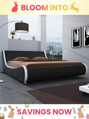 Moderno marco de cama con plataforma imitación cuero tapizado trineo cama con cabecero Foto 1 de 4