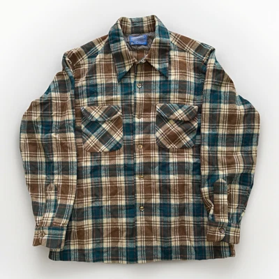Vintage Pendleton Wool Shirt  L Brown Teal Plaid Made in USA Pure Virgin Wool - Image 1 of 4
