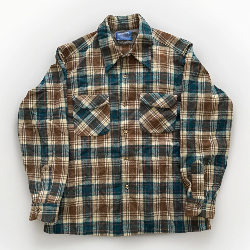 Camisa de Lana Pendleton De Colección L Marrón Verde Azulado A Cuadros Hecha en EE. UU. Lana Virgen Pura Foto 1 de 4