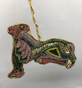 Vintage Raised Beadwork On Felt Ornament Lion Large Cat Christmas Decoration - Picture 1 of 8