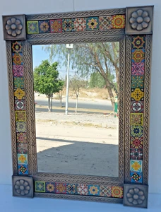 32" PUNCHED TIN MIRROR with mixed talavera tile mexican folk art wall decoration - Picture 1 of 5