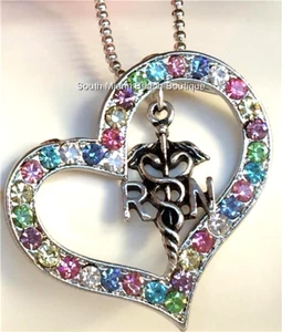 Nursing RN Caduceus Necklace Crystal Heart Nurse Graduation Gift Silver Plated - Picture 1 of 12