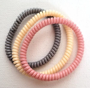 NEW Pack of 3 Cream Pink Grey Telephone Cord Elasticated Bobbles Hair Ties - Picture 1 of 1
