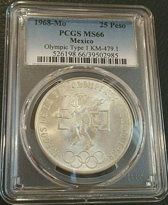 :1968 Mo S25-PESOS MEXICO CITY OLYMPICS KM#479.1 PCGS MS-66 TYPE-1 EVEN-RINGS - Image 1 of 2