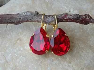 4Ct Pear Cut Lab Created Red Ruby Drop Dangle Earrings 14k Yellow Gold Plated - Picture 1 of 4