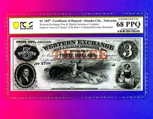 $3 1857 Nebraska Omaha Western Exchange Bank note Obsolete Currency PCGS 68 PPQ - Picture 1 of 2