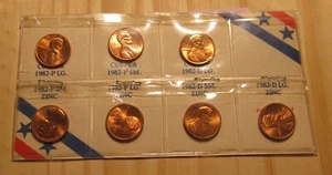 1982 PD Copper/Zinc 7 Coin Lincoln Cent Penny - BU Condition / S & Stripes- 56SU - Picture 1 of 5