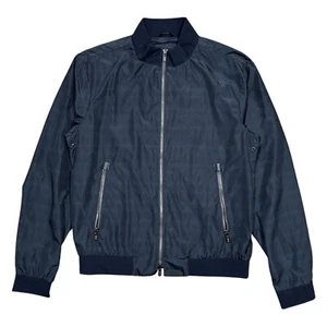 Armani Collezioni Windbreaker Blouson Leather Trim Striped Blue Jacket Mens 46 - Picture 1 of 13