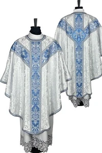 CHASUBLE , Semi-Gothic style, embroidered IHS burse maniple chalice veil,damask - Picture 1 of 5