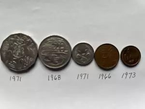 Lot of 5 Denominations of Australia Coins, 1966-1973 - 50, 20, 5, 2, and 1 Cent - Picture 1 of 2