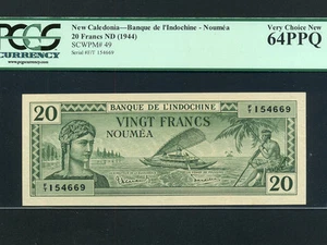 New Caledonia:P-49,20 Francs,1944 * French Rule * WWII * PCGS Ch. UNC 64 PPQ * - Picture 1 of 2