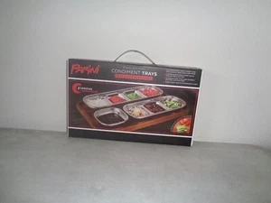 NIB, PARINI Stainless Steel Condiment Trays with Acacia Wood Caddy - Picture 1 of 4