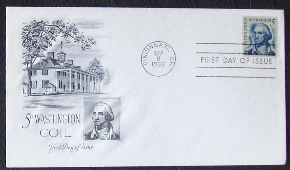 USA FDC SC #1304 5¢ WASHINGTON COIL STAMP 1966 Artmaster Cachet. - Image 1 of 1