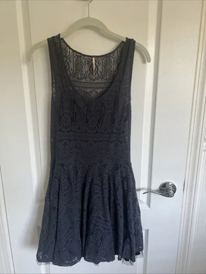 VINTAGE Free People Blue Midi Crochet Lace Overlay Flowy A Line with Black Slip - Image 1 of 4