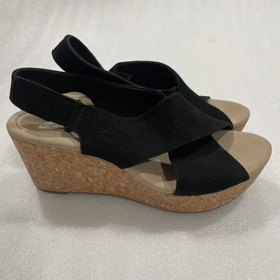 Clarks Black Slingback Platform Wedge Open Toe CrissCross Straps  Size 11 EUC - Image 1 of 4