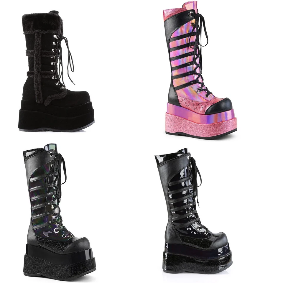 Botas Pleaser Demonia apiladas con adornos de felpa a media pantorrilla con cordones para mujeres adultas Bear20X Foto 1 de 1